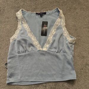 Elegant Blue Lace Trim Crop Top